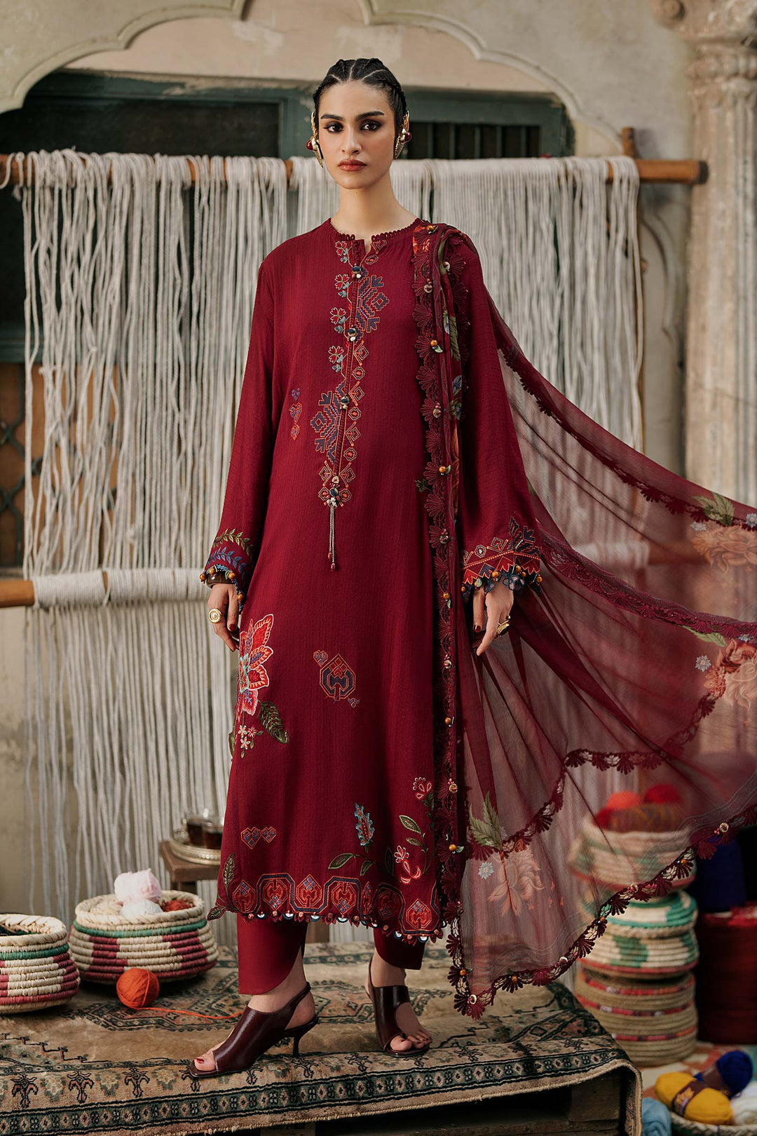 Maria B M.Prints 10A maroon dobby linen unstitched suit – view 2