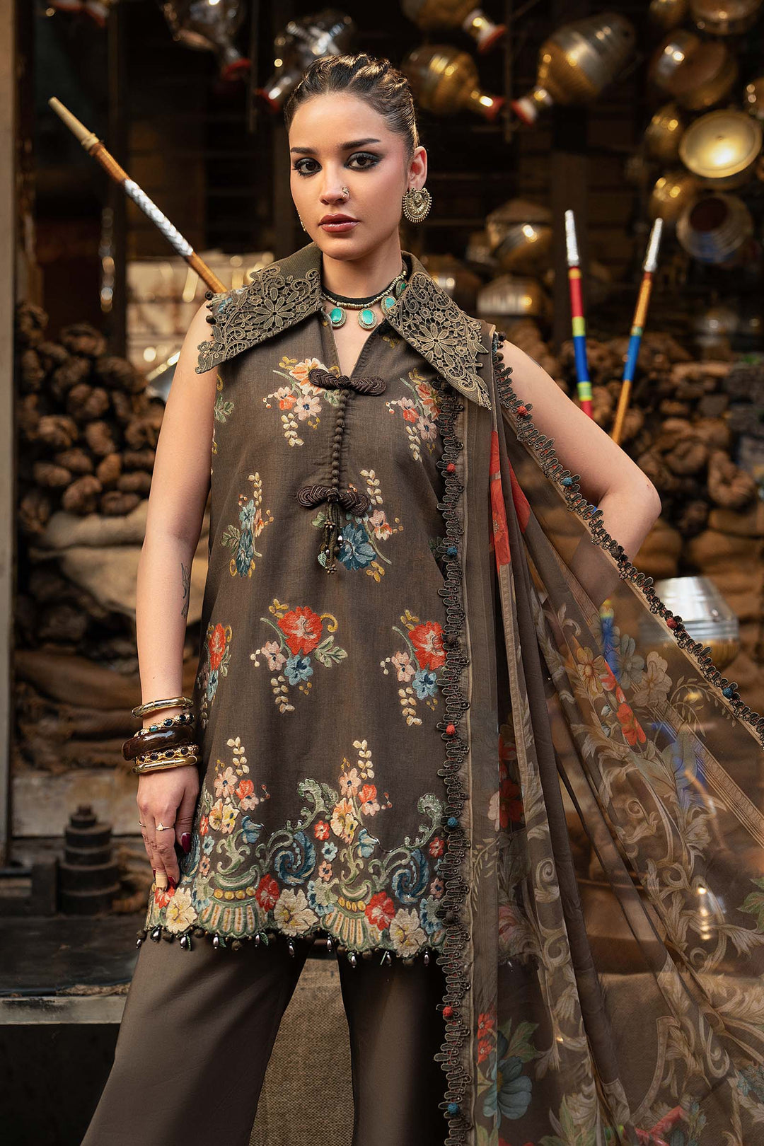 Maria B M.Prints 3B brown cambric unstitched suit – view 1
